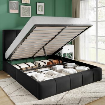 Amolife Size Lift Up Storage Bed Frame, Velvet Upholstered Platform Bed with Adjustable Headboard, No Box Spring Needed, Black