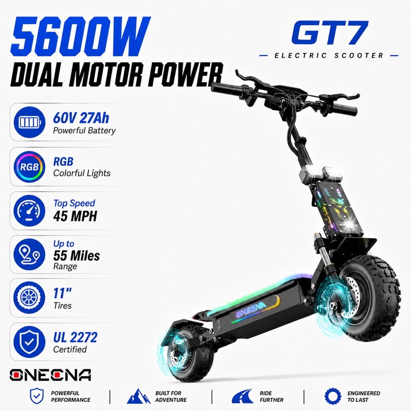ONECNA GT7 Adult Electric Scooter, 5600W Dual Motors, RGB Fashion Light, Dual Suspension, Up to 45 mph, 55 Miles Range, Mobile App Control, 11" Off Road Tires E-Scooter
