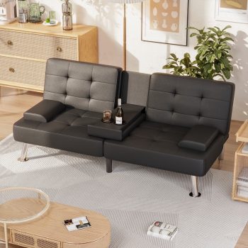 Lacoo Futon Sofa Bed Modern Convertible Sleeper Couch with Removable Armrests & Cup Holders for Living Room,Small Spaces,PU Leather