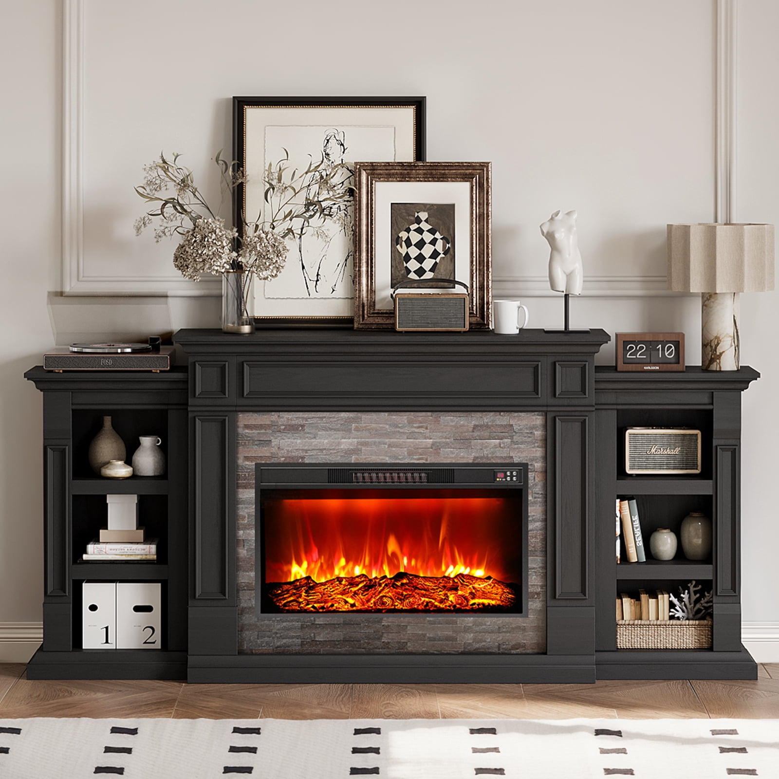 LGHM 80" TV Stand with 30" Electric Fireplace, Fireplace with Mantel, Farmhouse Entertainment Center for TVs up to 90"
