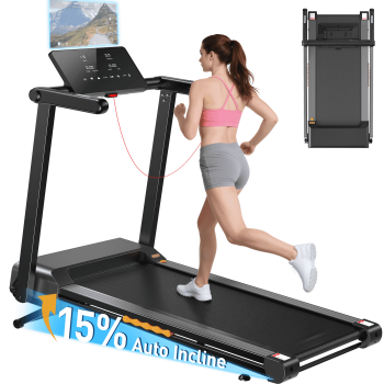 Folding Treadmill with Auto Incline, 3.5HP Walking Pad Treadmills for Home, 0.5-8.5MPH 12 HIIT Programs, App & Heart Rate, LED Display, Fitness Equip