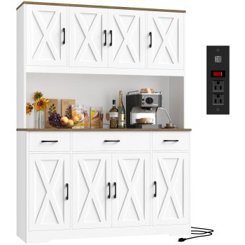 Homfa Kitchen Pantry with Hutch and Drawers, 71" Tall Storage Cabinet with 55" Wide Countertop and Built-In Power Outlet, Farmhouse Coffee Bar for Dining Room