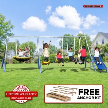 Sportspower Swing and Play Galvanized Metal Swing Set with 2 Swings, Standing Swing, Roman Glider, 38in Saucer Swing, & 5ft Slide with Lifetime Warranty, Bonus Anchor Kit Included
