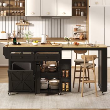 Aphthongs 81" Farmhouse Kitchen Island with Power Outlet & Trash Storage, Rolling Kitchen Cart on Wheels with Extendable Dining Table, 2 Drawers & Adjustable Shelves