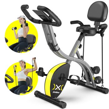 Pooboo Folding Exercise Bike Indoor Stationary Cycling Bicycle Upright Magnetic Workout Bicycle With Dumbbells and Resitance Bands Maximum Weight 300LBS