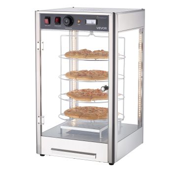 VEVOR Commercial Food Warmer Display, 4-Tier Pizza Warmer with Rotary Steam Heating for 14 in Pizza, 86~185 Temperature Control and Temp Display, 25W Oven Light + Top LED for Pizza Shop, Restaurant