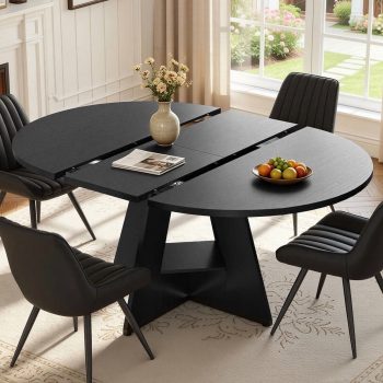 Hawsaiy 5 Piece Extendable Dining Table Set for, 47.24"-63" Round to Oval Kitchen Dining Room Table with Storage Shelf & Upholstered Dining Chairs, Modern Wood Dining Table Set for Apartment