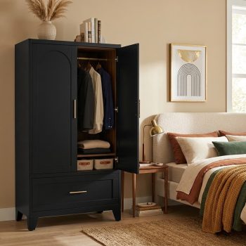 avobird 60" Tall Metal Wardrobe Cabinet with 1 Drawer and Hanging Rod, 2 Doors Wardrobe Closet with Shelf for Bedroom, Black