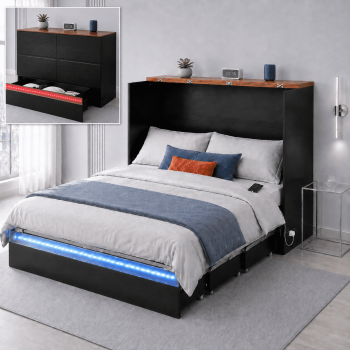 Ktaxon Size Murphy Bed with LED Lights, Charging Station, Foldable Wall Bed Cabinet, Space-Saving, Black