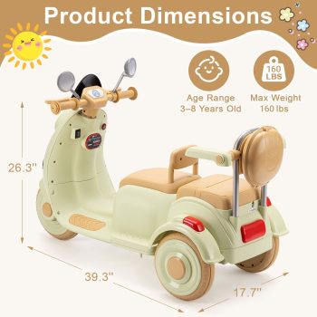 Dimedeal 12V Electric Motorcycle, Ride on Scooter for Kids, 3-Wheel Electric Ride on Toy for Ages 3-8, 2 Seater with Storage & Dual Motors (Green)