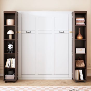 Mintazer Queen Murphy Bed with Pull-Out Storage Cabinets, Modern Foldable Wall Bed with Storage Doors for Bedroom Apartment Guest Room, & Espresso