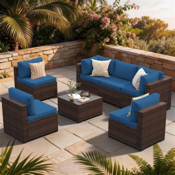 BaPiPro 7‑Piece Modular All‑Weather Patio Furniture Set, Brown Rattan Wicker Outdoor Sectional Sofa with Thickened Cushions & Tempered Glass Coffee Table for Backyard Porch Deck Balcony