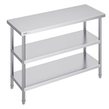 VEVOR Stainless Steel Food Prep Table, 18 x 48 x 34 Inch Commercial Kitchen Worktable, with 2 Adjustable Undershelf, Heavy Duty Prep Table Metal Work Table for BBQ, Kitchen, Home, and Garage