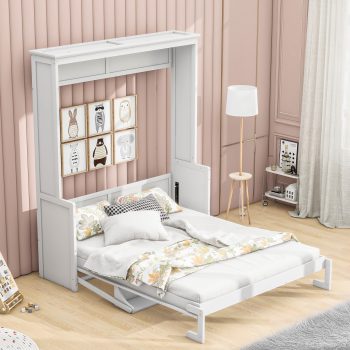 Euroco Queen Size Murphy Bed with Desk and Shelf, Convertible Wall Bed into a Cabinet for Living Room, Easy Open and Close for Adults