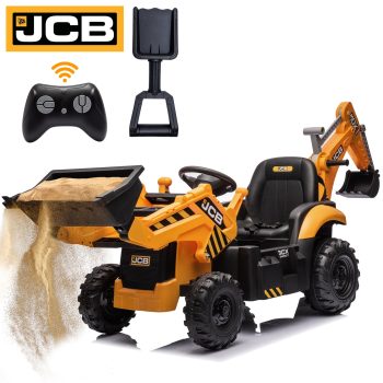 iYofe 24V JCB Ride on Excavator Toy, 3-in-1 Battery Powered Electric Tractor Car with Reversible Seat, Remote Control & Bluetooth, Backhoe for Kids 3-6