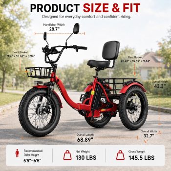 NOMIGO Electric Tricycle for Adults20"Fat Tire, Folding, 750W Motor, 48V 16Ah Lithium Battery