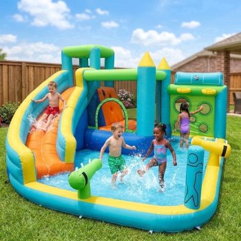 QUIETLEMON Inflatable Bounce House, 7 in 1 Water Slide Bounce House with 480W Blower, Climbing Wall, Jumping, Water Gun, Splash Pool, Basketball Hoop for Kids Indoor Outdoor Backyard