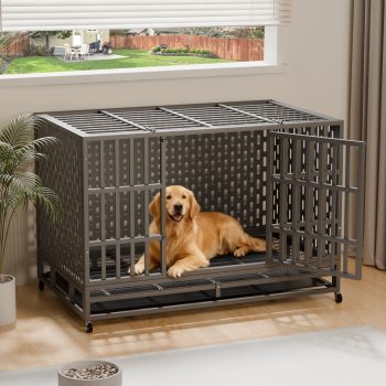 Ironovahome 48" Heavy Duty Steel Dog Crate for High Anxiety Large Dogs, XL Large Dog Cage with Wheels & Removable Tray, Indoor Chew Proof & Escape Proof Dog Kennel