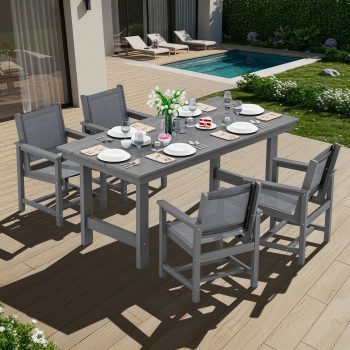SERWALL Outdoor Dining Set, 5-Piece HDPE Dining Table with Umbrella Hole & 4 Textilene Chairs
