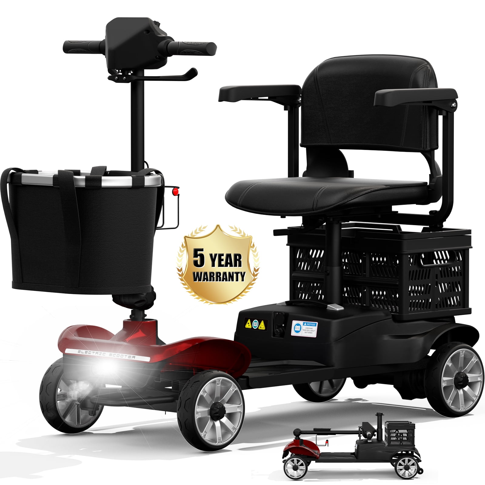 COOLHUT Upgrade 4 Wheels Mobility Scooter for Seniors with Removable Battery, 25+ Mile Range Foldable Electric Powered Mobility Wheelchair Device with Foldable Back Baskets, Fits in Car Trunk