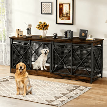 Fowroa 78 Inch Wooden Double Dog Crate Furniture with Divider, Indoor Kennel Table for 2 Large Dogs Brown