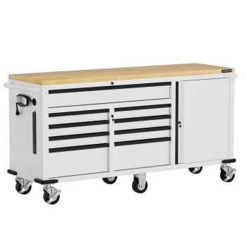 WORKPRO Rolling Tool Cabinet, 9-Drawer & 1-Door, 1500 LBS Capacity Tool Chest with Wooden Workbench, Adjustable Shelves, Locking System and 6 Swivel Casters