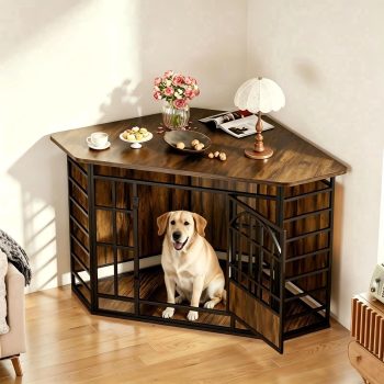 Fowroa 52 Inch Wooden Corner Dog Crate Furniture, Indoor Decorative Dog Kennel for Medium & Large Dogs
