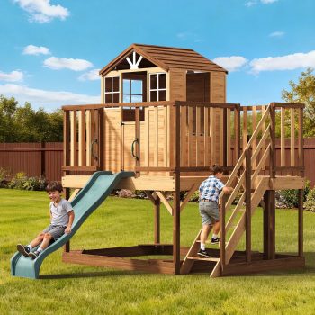 May in Color 9-in-1 Outdoor Wooden Playhouse with Slide & Sandbox - Backyard Playset for Kids Ages 3-10 - Natural Fir Play Center with Play Kitchen, Growth Chart & Safety Rails
