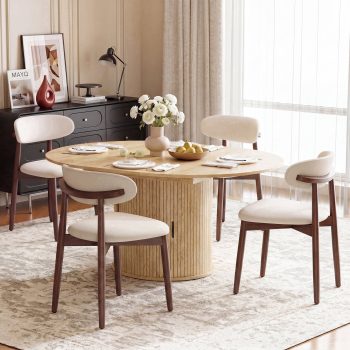 AFO 5 Pieces Extendable Dining Table Set for 4, 47″- 63″ Round to Oval Wood Kitchen Table with 4 Upholstered Chairs, Space-Saving Drop Leaf Kitchen Table for Small Spaces