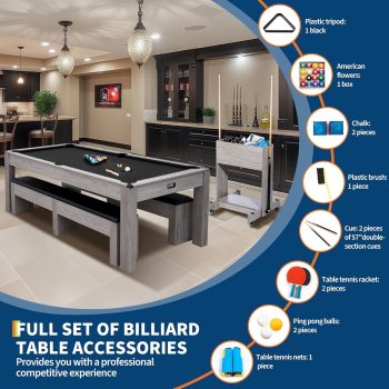 Historyli 3-in-1 Billiard,7FT Convertible Pool Table,Dining Table & Ping Pong,Includes Rolling Storage Cart,Cue Sticks,Balls,Table Tennis Set,Game Table for Home & Game Rooms
