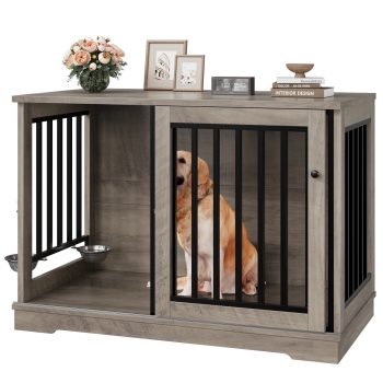 Homfa Dog Crate Furniture, 47.2''W Wooden Indoor Dog Cage Table with Sliding & Lockable Doors
