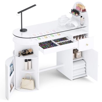 Advwin Manicure Table with Tempered Glass Top, Storage Drawers & Cabinet, Professional Acetone Resistant Nail Tech Desk for Beauty Salon or Home