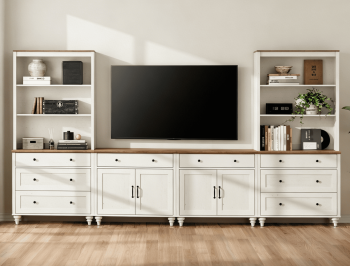 Entertainment Center with Bookshelves for TVs up to 75", Farmhouse Wall Unit TV Stand with Doors & Drawer, Media Console Table for Living Room, Bedroom & Home Theater, White