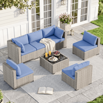 MRUAKA Outdoor Patio Furniture Set, 7-Piece Modular Sectional Sofa With Tea Table and Free Cushion, PE Wicker Outdoor Conversation Set for Patio, Garden, Backyard