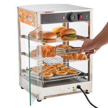 KFFKFF 3-Tier Commercial Food Warmer Display, 800W Food Display with LED Lighting, Adjustable Shelves, Stainless Steel Construction, 86~185 Air Heating, 60L Capacity for Burgers, Pizza, Bread