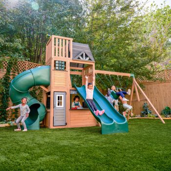 KidKraft Summit View Wooden Swing Set / Playset with Slides, Rock Wall and Crow's Nest