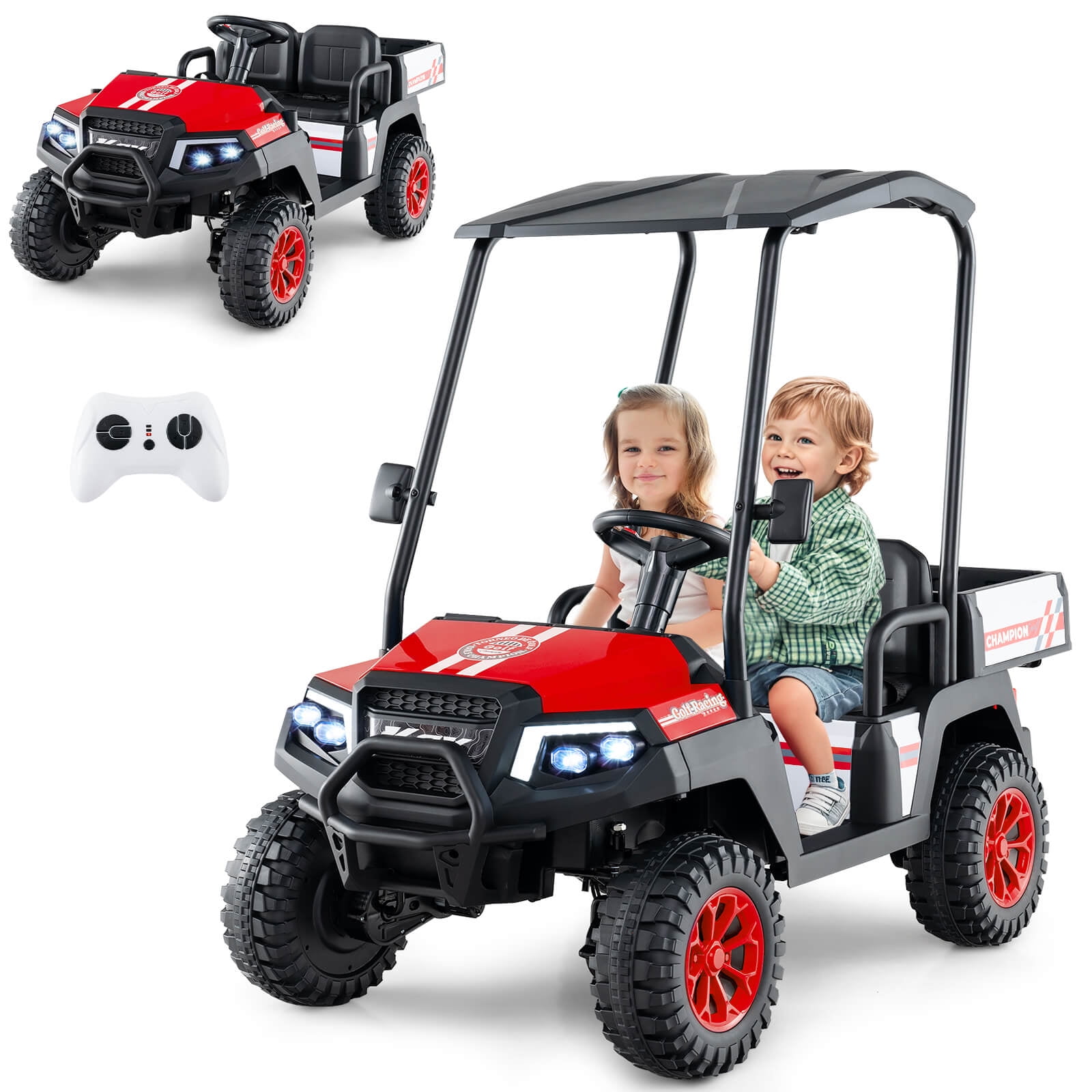 Infans 24V 7AH Kids Golf Cart 4WD 2 Seater Ride on Car w/ Sun Shade & Storage Trunk