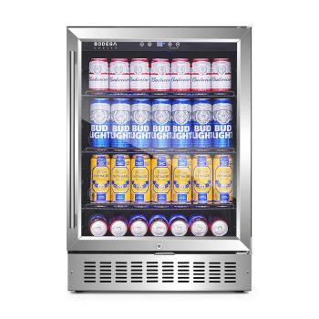 BODEGA 24 Inch Beverage Refrigerator, 185 Cans Built-in or Freestanding Beverage Cooler with Glass Door, Under Counter Drink Beer Fridge for Home Bar, Kitchen, Office, Touch Control, Lock