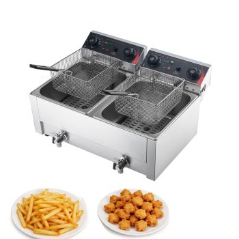 KFFKFF Commercial Electric Deep Fryer, Dual Tank 19 Qt, 3500W Stainless Steel Countertop Fryer with Baskets & Lids, Temperature Control, Timer, Overheat Protection, for Restaurants, Silver