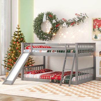 Euroco Full over Full Floor Bunk Bed with Inter-Changeable Slide and Ladder, Solid Wood Bunk for Kids Teens Adults