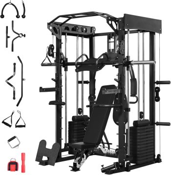 MUSEPT All-in-One Home Gym Smith Machine, Dual 313 lb Weight Stacks, Cable Pulley & Leg Press System for Full Body Strength Training