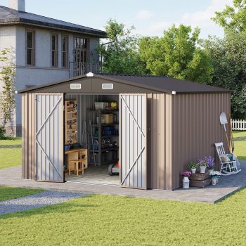 Clouddwell 10 x 12FT Shed Outdoor Storage Shed with Double Hinged Large Door, Large Metal Shed with Lockable Door & Sloped Roof for Garden, Backyard, Patio and Backyard
