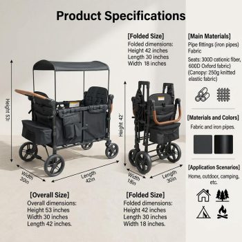 Collapsible 4-Seater Wagon Stroller with Canopy, Sturdy Iron Frame Push Wagon with Adjustable Handle, Foot Brake & Soft Seats for Grocery & Camping