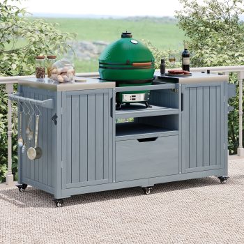 66.5" Outdoor Grill Cart, Solid Wood Kitchen Island with Stainless Steel Top, Drawer, Compatible with up to Large Big Green Egg, Kamado, Joe for Barbecue Outdoor Gathering ()