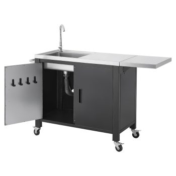 KFFKFF Outdoor Grill Cart with Sink and Storage Cabinet, 52-Inch Movable Kitchen Island with Stainless Steel Top, Spice Rack, Wheels, and Food Prep Station for Patio, Backyard, and BBQ