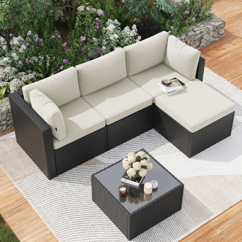 Clouddwell 5 Pieces Patio Furniture Set, All-Weather Wicker Rattan Patio Sectional Sofa Set with Coffee Table ()