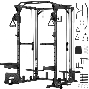 BOGYKIK 2000 lbs Heavy Duty Power Rack with Cable Crossover, Multi-Functional Squat Stand with LAT Pulldown Seat & 25 Attachments, All-in-One Home Gym Smith Machine for Garage Workout