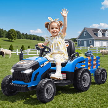 Joyracer 24 Volt Ride on Toys, Ride on Tractor w/ Tiltable & Detachable Trailer, 2x200W Power Car Wheels for Kids, Remote Control, Bluetooth, Shifter, Music