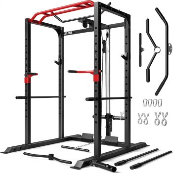 JELENS Squat Rack for Home Gym,2000lbs Power Rack Squat Machine with LAT Pulldown and More Training Attachments,Weight Rack with Adjustable Pulley System for Full Body Workout,Black
