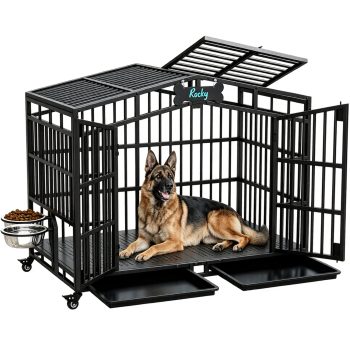 Amlancher 48-Inch Heavy Duty Dog Crate with 2 Bowls, Open Top Roof, Lockable Wheels and Removable Tray